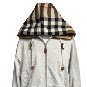 Burberry Grey Cream Large Plaid Hoodie Mens